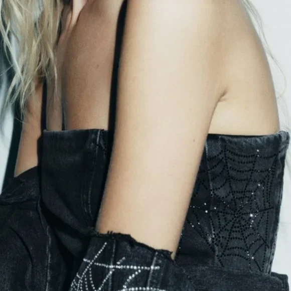 NWT TRF RHINESTONE SPIDERWEB STRAPLESS DENIM TOP - Picture 3 of 7